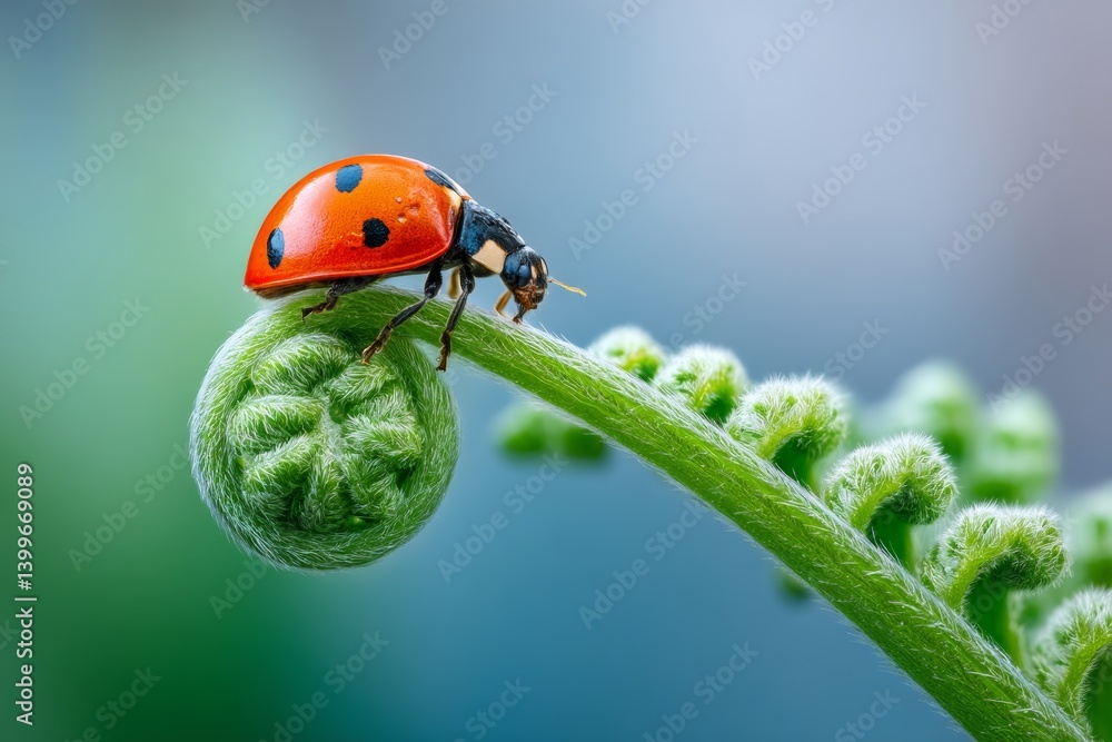 Fototapeta premium Ladybug is sitting on a leaf. The leaf is green and has a spiral shape. The ladybug is red and black