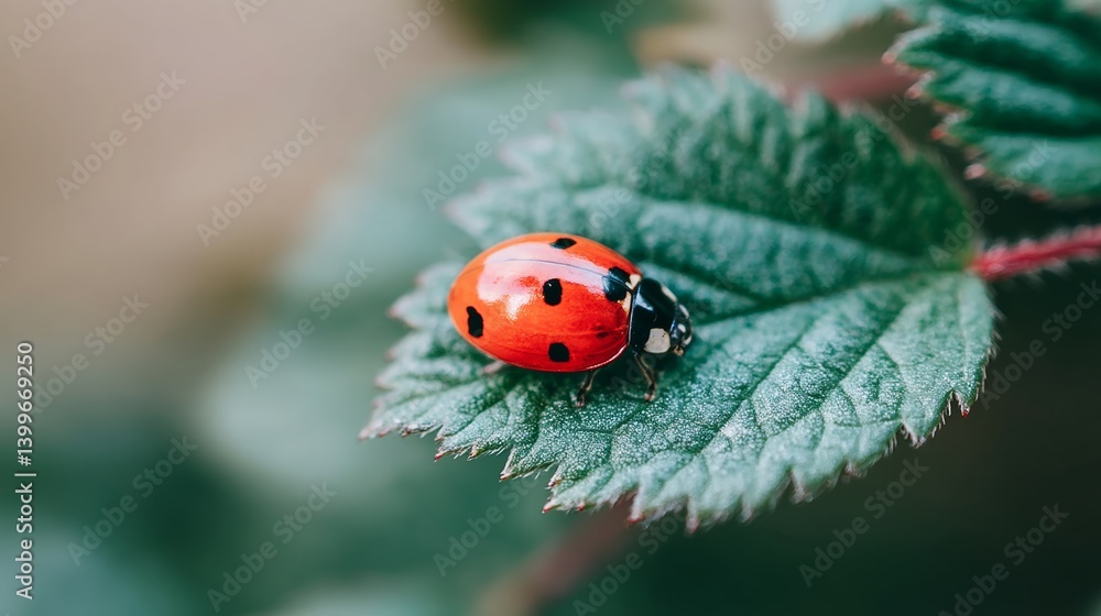 Fototapeta premium Ladybug is sitting on a leaf. The ladybug is red and black. The leaf is green