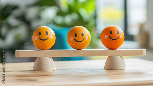 Balanced scale with stress balls and relaxation symbols, symbolizing emotional regulation and mental well-being
