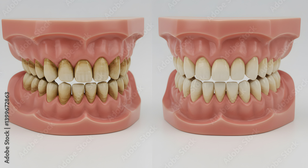 Obraz premium Before and After Teeth Whitening: A Visual Guide to Dental Hygiene and Stain Removal