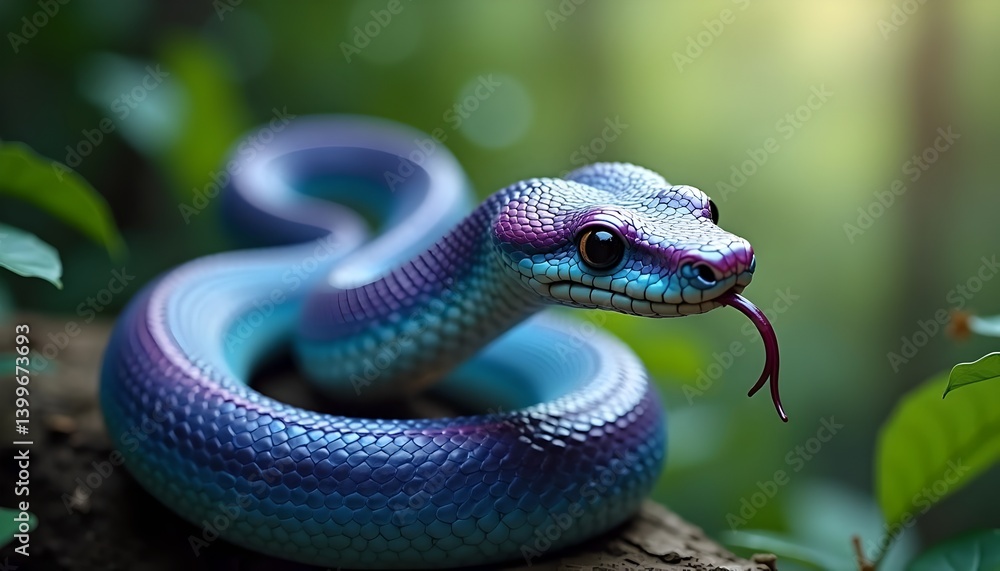 Fototapeta premium Iridescent Purple and Blue Snake Coiled in Lush Greenery
