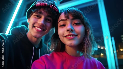 Teen couple hugging, smiling, taking selfie in neon night club, surrounded colorful lights, nightlife. youth love, dating apps, Valentine's Day. girl and boy enjoying party. youth entertainment. 4K