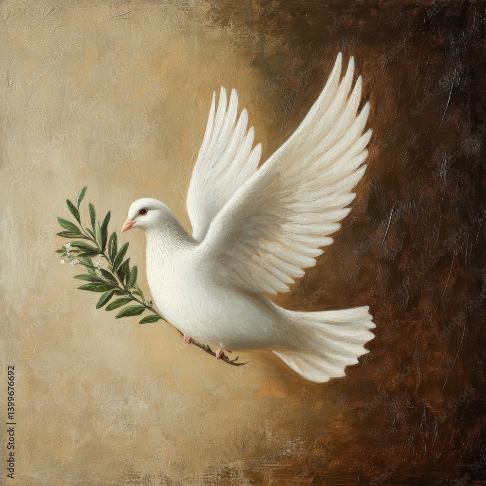 Fototapeta premium White Dove with Olive Branch Symbolizing Peace in Artistic Style