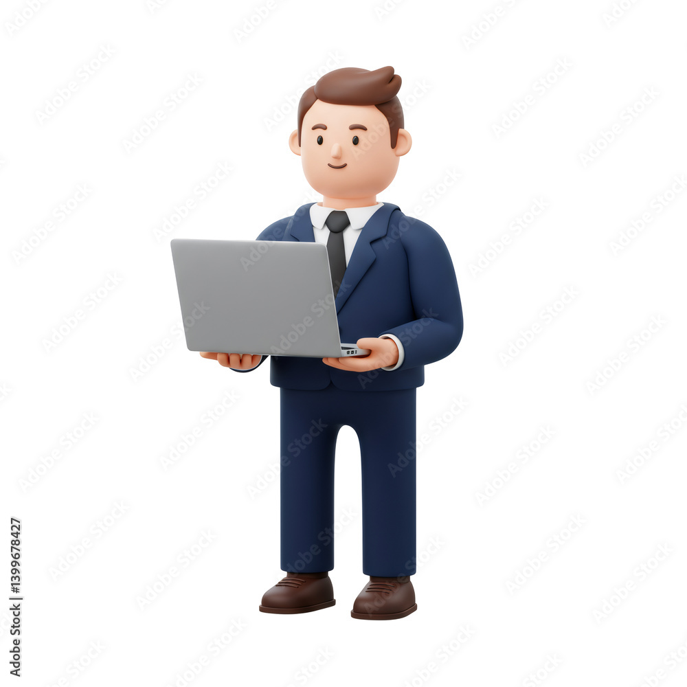 Smiling 3D Businessman Using Laptop, Blue Suit, Transparent Background Smiling 3D Businessman Using Laptop, Blue Suit, Transparent Background