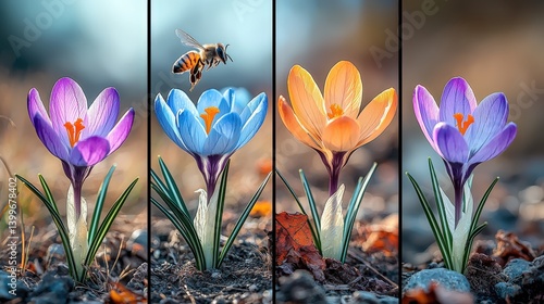 Beautiful purple crocuses with yellow stamens and green leaves blooming in the mountains on a sunny spring day, attracting a honey bee. The clear blue sky adds to the idyllic scene.