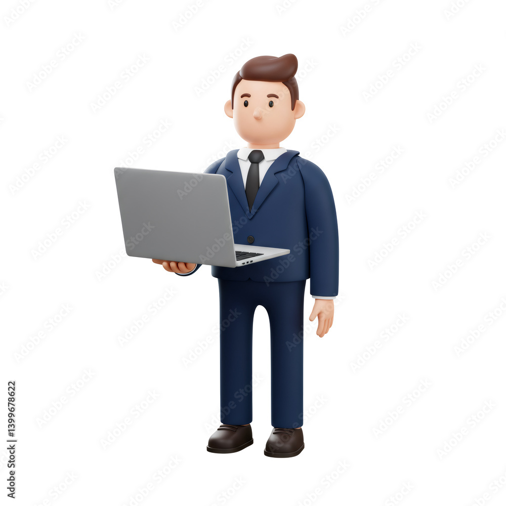 3D Cartoon Businessman Holding Laptop, Blue Suit, Transparent Background 3D Cartoon Businessman Holding Laptop, Blue Suit, Transparent Background