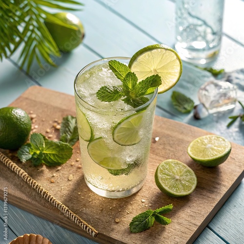 Wallpaper Mural Fresh green mojito cocktail with lime and mint in a glass with ice is a cool summer refreshment Torontodigital.ca