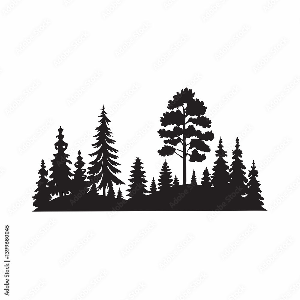Fototapeta premium Serene black silhouette of a majestic forest landscape featuring tall pines evergreen trees and a lush undergrowth simple elegant