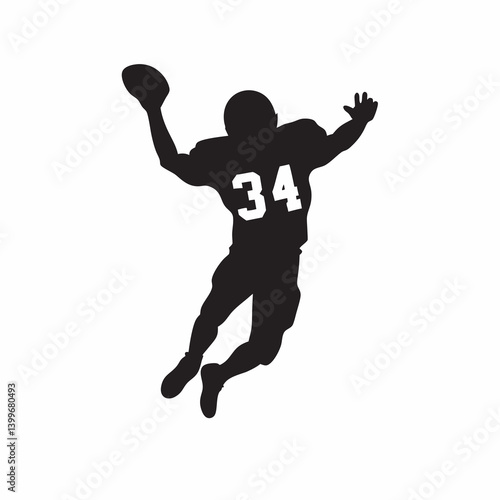 Gridiron Glory A leaping football player number 34 makes an incredible catch a silhouette against a bright white background dynamic