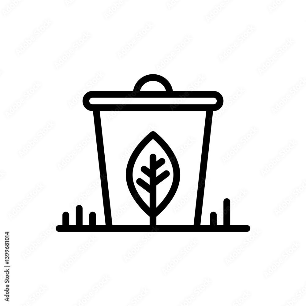 A black and white image of a trash can with a leaf on it. The trash can is placed on a grassy area A black and white image of a trash can with a leaf on it. The trash can is placed on a grassy area