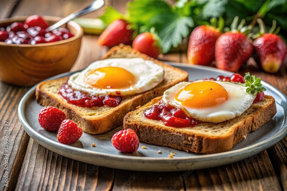 Delicious Breakfast: Toast, Eggs, and Jam - Close-Up Food Photography Delicious Breakfast: Toast, Eggs, and Jam - Close-Up Food Photography