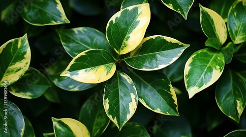 Lush, green leaves with bright yellow variegation fill the shot
