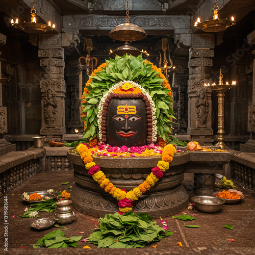 Stone Shiva Lingam Adorned ...