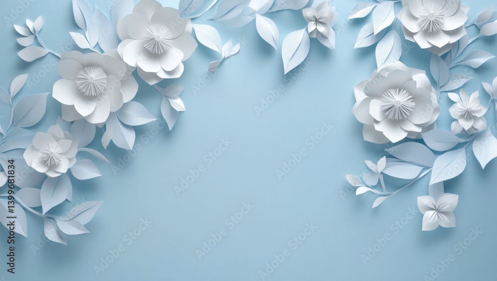 Delicate paper flowers in soft pastel blue and white. A decorative arrangement of 3D paper blossoms and leaves. A subtle, elegant, spring-like, floral design Delicate paper flowers in soft pastel blue and white. A decorative arrangement of 3D paper blossoms and leaves. A subtle, elegant, spring-like, floral design