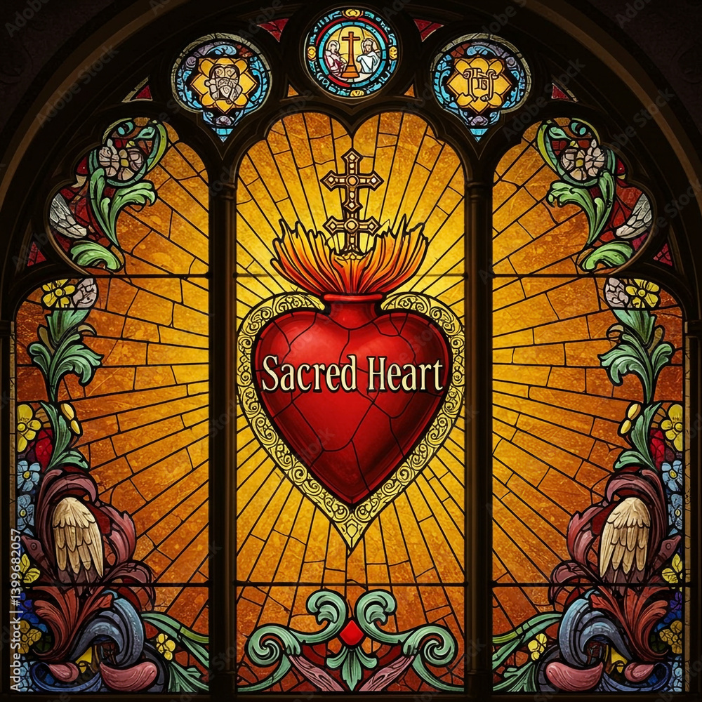 Traditional Stained Glass Depiction of the Sacred Heart