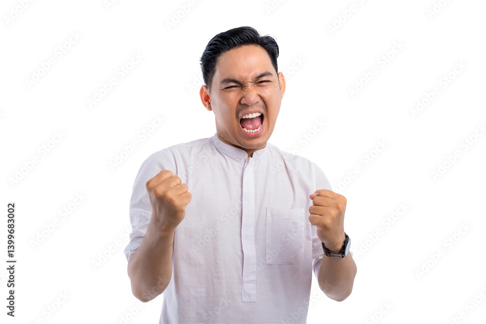 Happy Asian Muslim man celebrating success with raised fist isolated on transparent background Happy Asian Muslim man celebrating success with raised fist isolated on transparent background