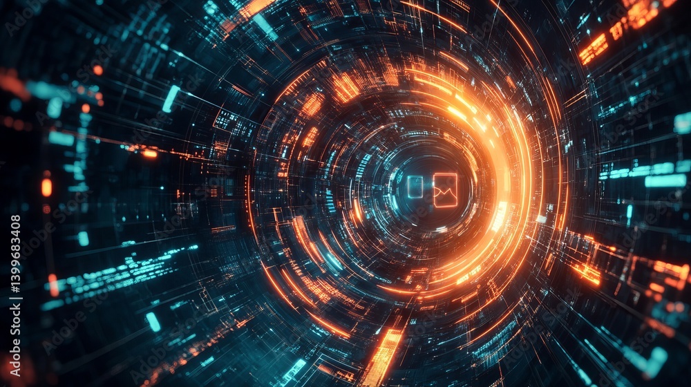 Abstract digital tunnel with glowing orange and blue lines and geometric shapes in dark space Abstract digital tunnel with glowing orange and blue lines and geometric shapes in dark space