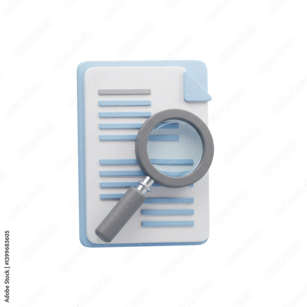 3D Render of Blue Document with Grey Magnifying Glass 3D Render of Blue Document with Grey Magnifying Glass