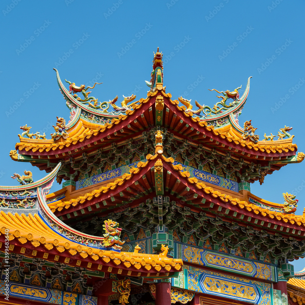 Fototapeta premium Detailed Corner of a Chinese Temple Roof with Intricate Ornamentation 