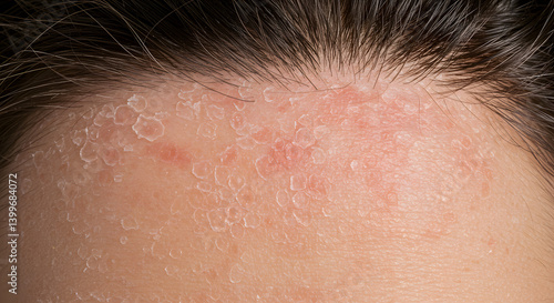Closeup view of a person's forehead with severe dry skin, flaky skin, showing signs of eczema or psoriasis