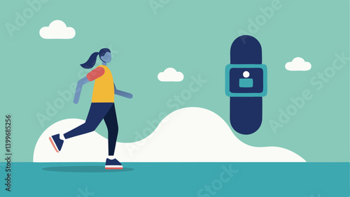 Step Count An individual walking on a trail glancing at their smarch that shows the number of steps taken with a shoe icon.