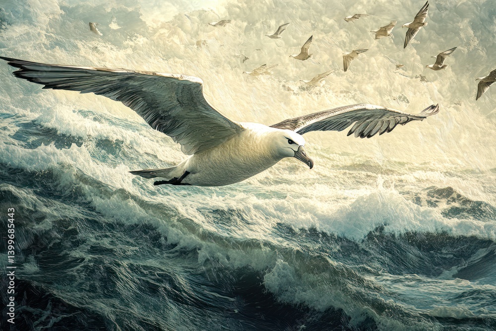 Fototapeta premium Albatross soars above stormy ocean waves
