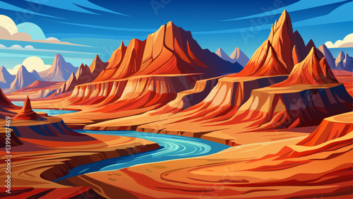 desert basin surrounded landscape by sunlit sandstone mountains. The terrain is covered in red and orange stone textures, with layers of dry sediment and wind swept formations