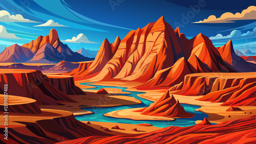 desert basin surrounded landscape by sunlit sandstone mountains. The terrain is covered in red and orange stone textures, with layers of dry sediment and wind swept formations