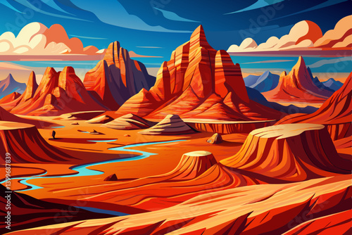 desert basin surrounded landscape by sunlit sandstone mountains. The terrain is covered in red and orange stone textures, with layers of dry sediment and wind swept formations