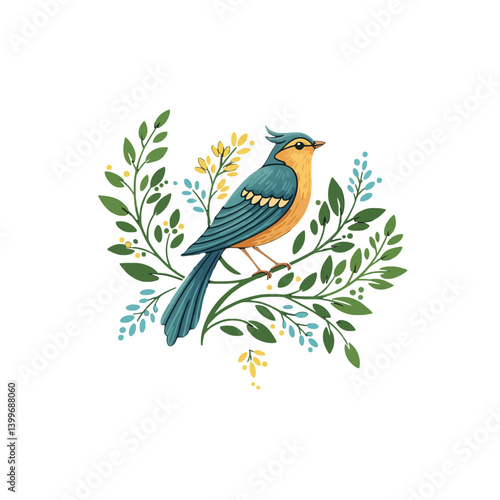 Bird on a branch with leaves and flowers