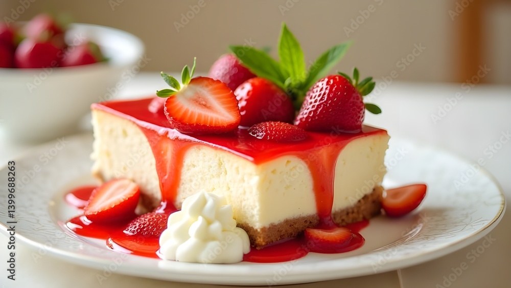 Strawberry cheesecake with whipped cream and mint, ideal for dessert packaging and food content Strawberry cheesecake with whipped cream and mint, ideal for dessert packaging and food content
