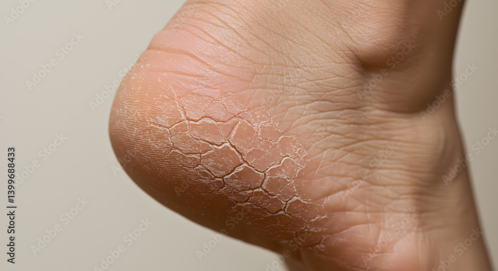 Fototapeta premium Closeup view of dry, cracked heels needing treatment, showing severe dryness and skin damage needing medical attention