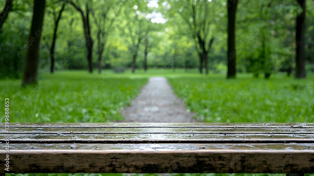 Wet park bench in rainy spring park Wet park bench in rainy spring park