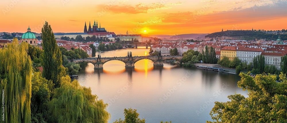 Obraz premium Prague sunset, river bridge, castle view