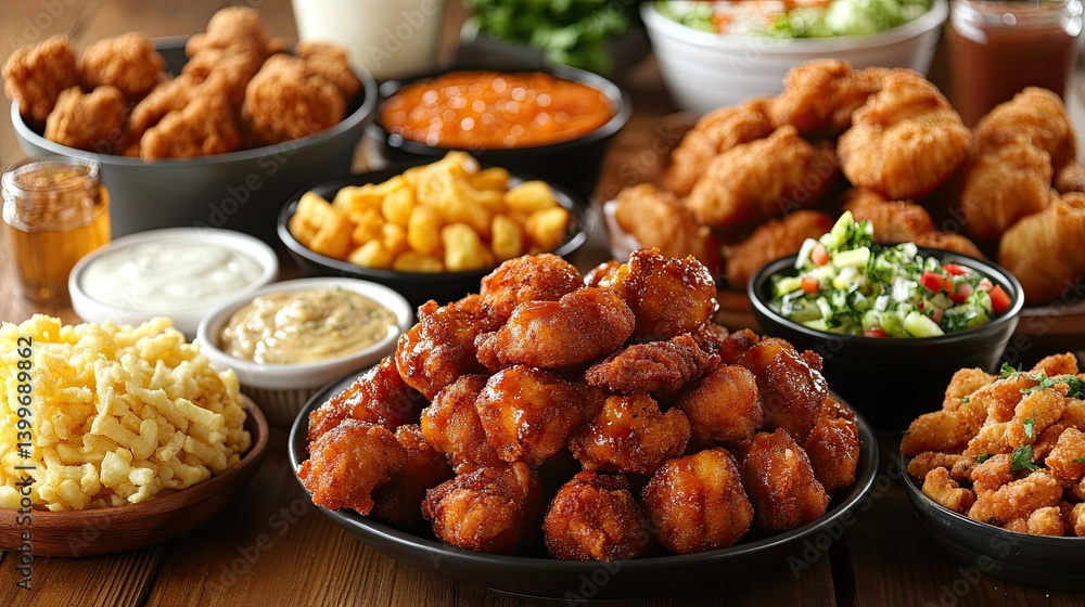 fried chicken with vegetables and sauce Famous Snacks and Sides - fried chicken with vegetables and sauce Famous Snacks and Sides -