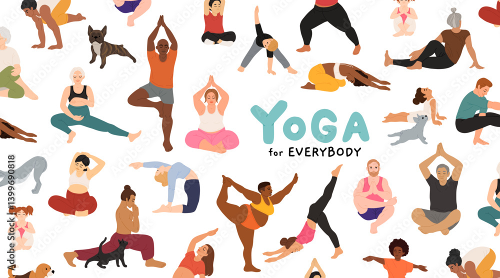 Obraz premium People doing yoga flat vector illustrations set. Male and female cartoon characters exercising. Diverse Men and women practicing Asana. Senior, prenatal, pets yoga. Physical activity, workout