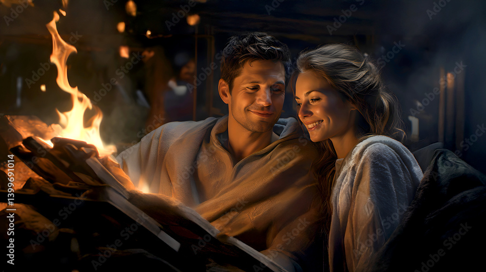 Couple enjoying cozy evening by the fireplace with a book while glowing flames create a warm atmosphere Couple enjoying cozy evening by the fireplace with a book while glowing flames create a warm atmosphere
