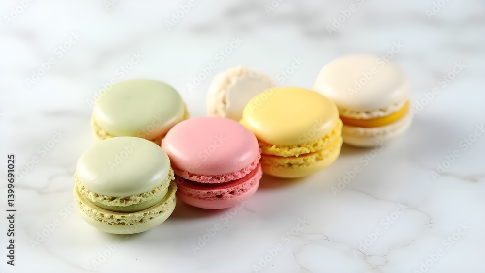 Obraz premium Colorful French macarons on marble background, perfect for patisserie marketing and dessert menus