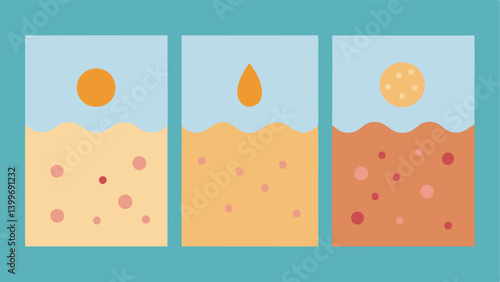 Healing Process Stages A series of three panels showing the progression of skin healing from an acne scar to a smoother appearance with exosomes being depicted at each stage.