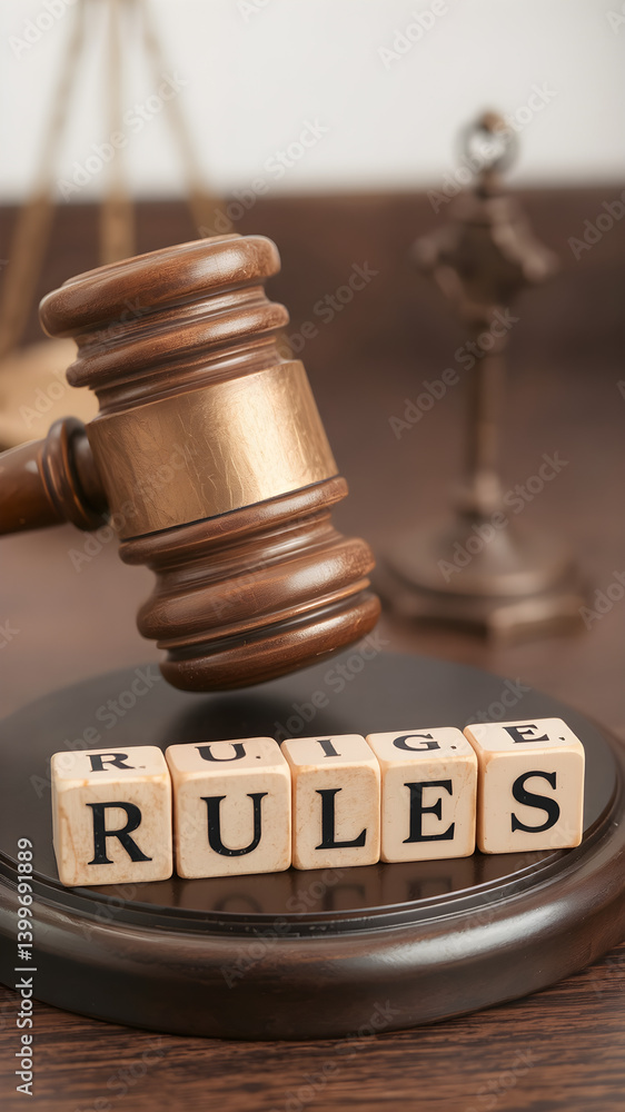 Judge's gavel and the word Rules in blocks. Law, justice, legal authority, courtroom decisions, and the importance of regulations. Court concept Judge's gavel and the word Rules in blocks. Law, justice, legal authority, courtroom decisions, and the importance of regulations. Court concept