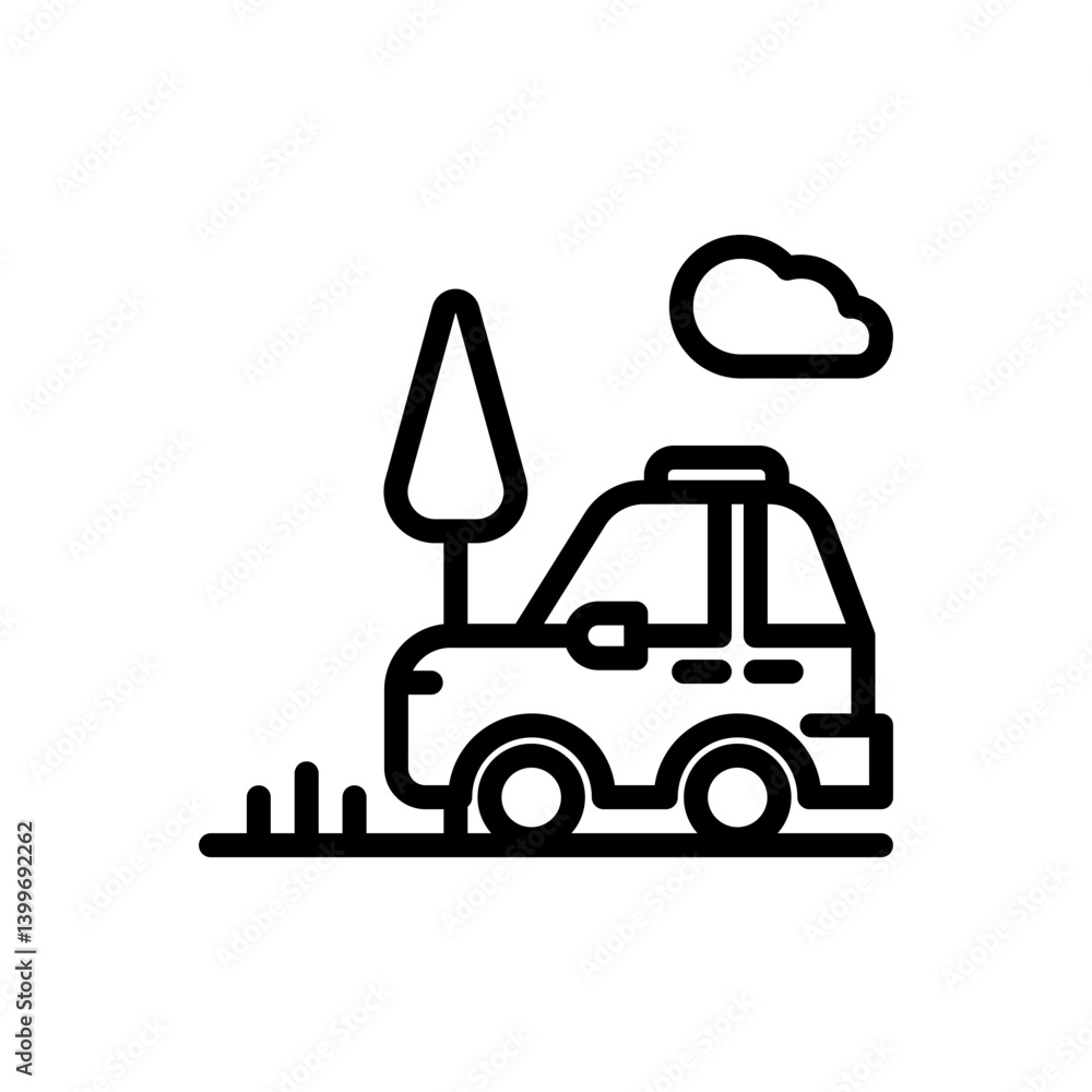 Naklejka premium A car is driving down a road with a tree in the background. The sky is cloudy, and the car is parked on the side of the road