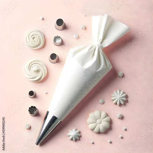 Neatly folded piping bag with steel nozzle used for icing shown isolated on clean pastel surface in kitchenware display