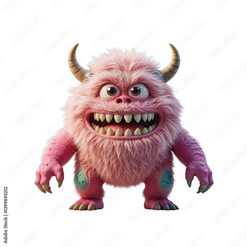 Chibi Cute Pink Furry Monster Character with Horns and Big Teeth Chibi Cute Pink Furry Monster Character with Horns and Big Teeth