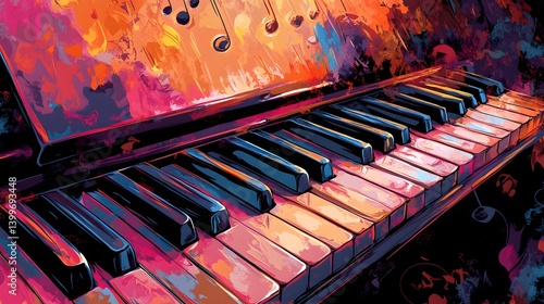 Colorful painting of a piano with a black and white keyboard. The painting is full of bright colors and has a dreamy, whimsical feel to it. The piano is the main focus of the painting