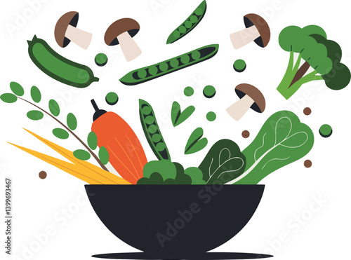  a vibrant flat vector illustration depicting a variety of fresh vegetables dynamically overflowing and seemingly bursting from a dark grey or black bowl.