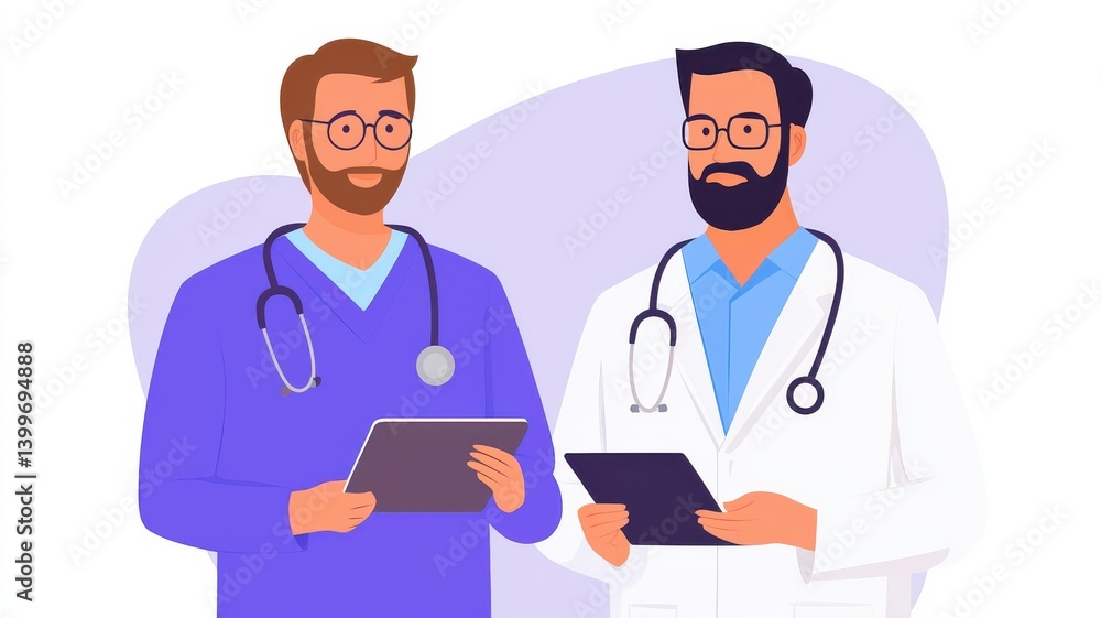 Fototapeta premium Healthcare professionals collaborating in a modern clinic setting digital interaction friendly environment