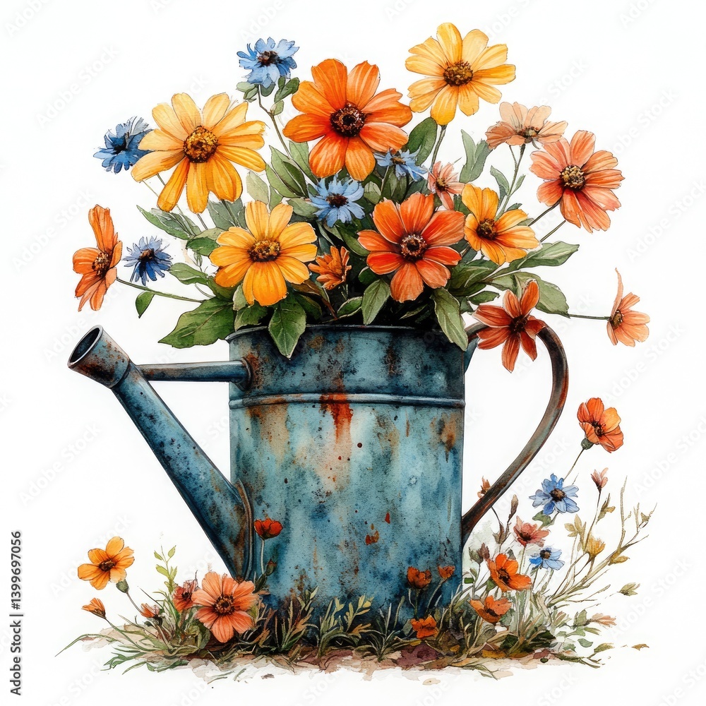 Rustic watering can filled with vibrant flowers