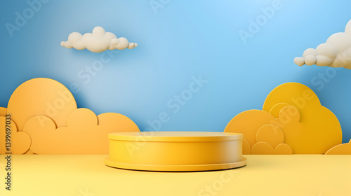 A sunny yellow pedestal sits invitingly amidst playful clouds and a cheerful blue sky, a dreamy display perfect for showcasing your product.