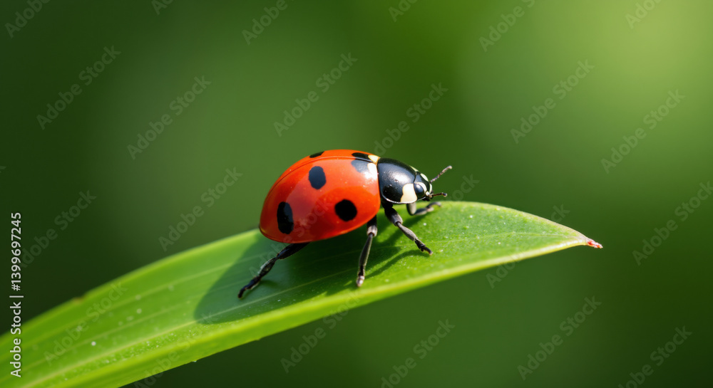 Naklejka premium Red ladybug with black spots crawling on green plant leaf under natural light. Beneficial insect for organic gardening promotion, pest control education and biodiversity awareness campaigns