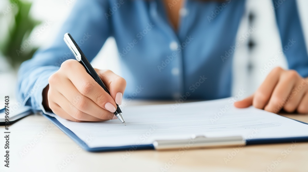 Person writes on paper, pen in hand, filling out documents, close-up. Person writes on paper, pen in hand, filling out documents, close-up.